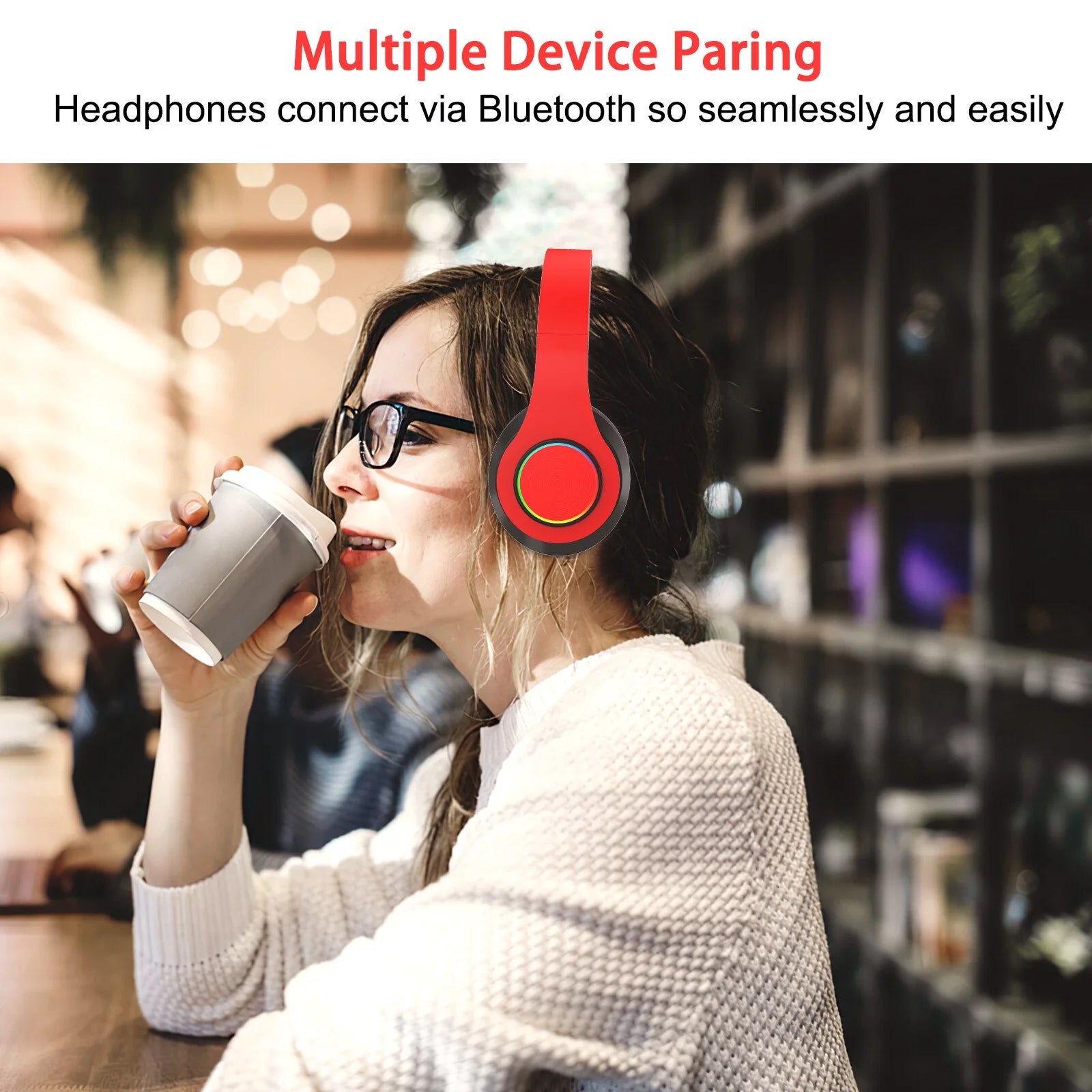 Foldable Over-Ear Bluetooth Singular Wireless Headphones with Mic, Red