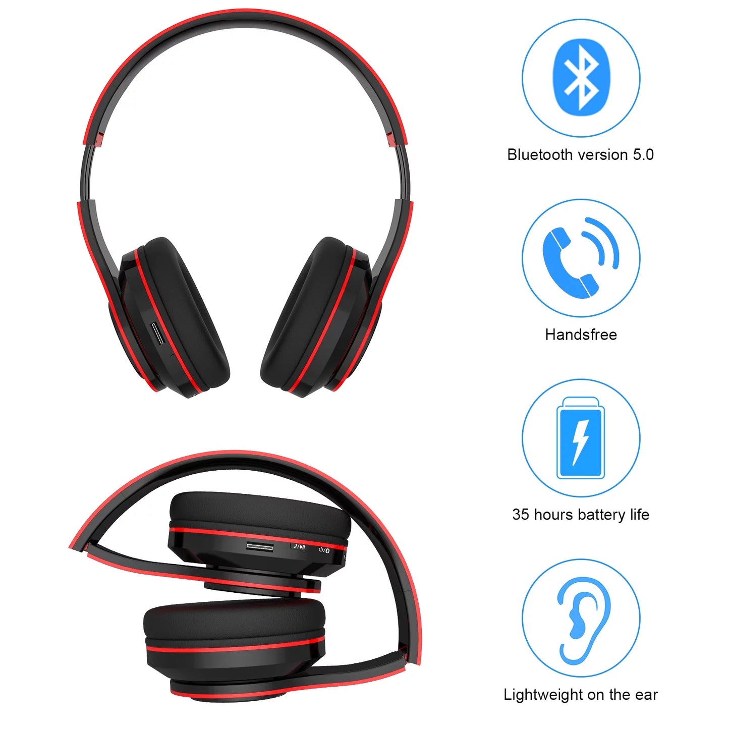 Foldable Over-Ear Bluetooth Singular Wireless Headphones with Mic, Red