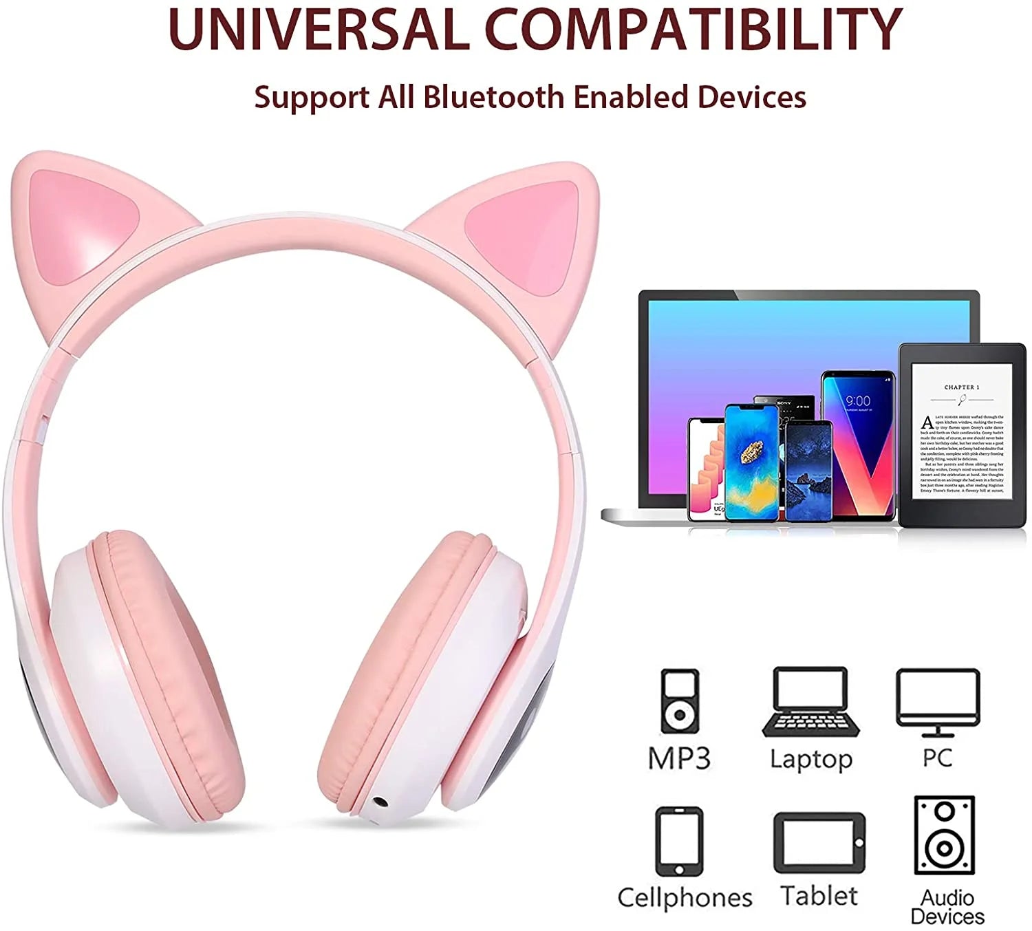 Kids Wireless Headphones Cat Ear LED Light up Bluetooth Foldable Headphones over Ear W/Microphone for Online Distant Learning (Pink)