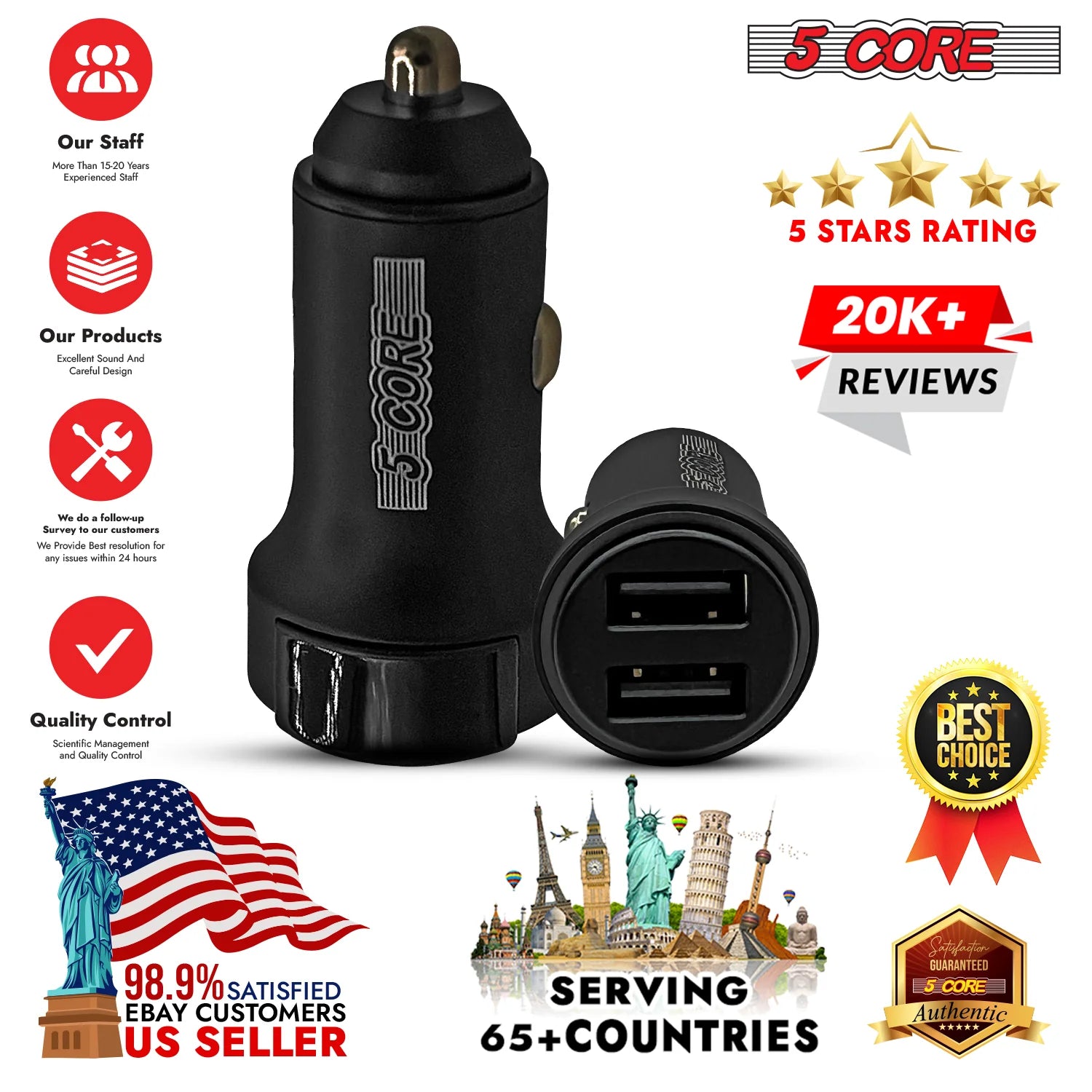 5 Core USB Car Charger Cigarette Lighter Adapter Dual USB Port Adapter 12/24 V Fast Charging