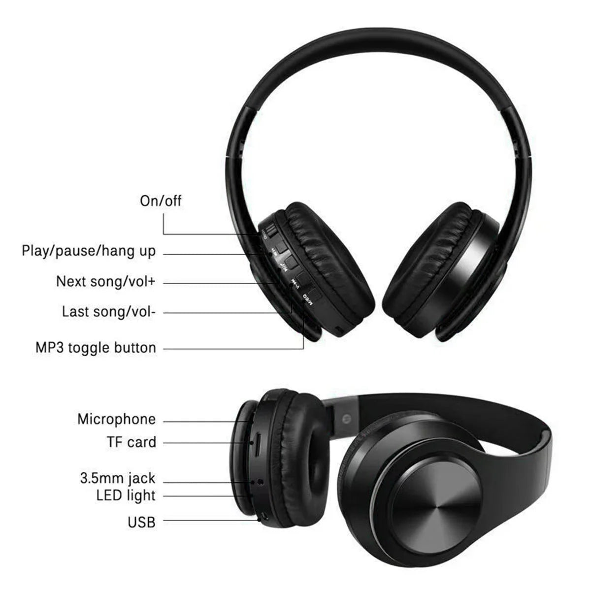 Foldable Bluetooth Noise-Canceling Over-Ear Headphones, Wireless Bluetooth Headphones, Foldable with Microphone Black, B3