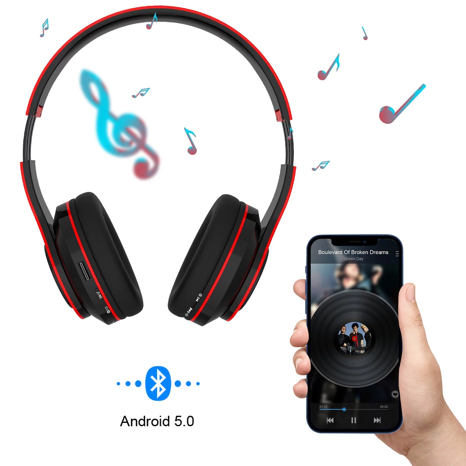 Foldable Over-Ear Bluetooth Singular Wireless Headphones with Mic, Red