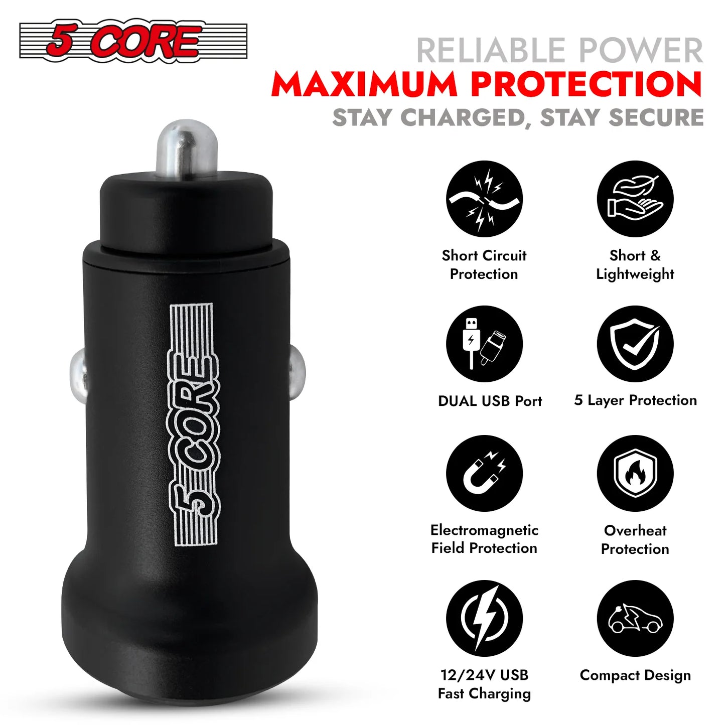 5 Core USB Car Charger Cigarette Lighter Adapter Dual USB Port Adapter 12/24 V Fast Charging